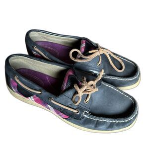 Sperry Boat Shoes Loafers Navy Leather Plaid Lace-Up Women sz 8.5 Preppy Casual